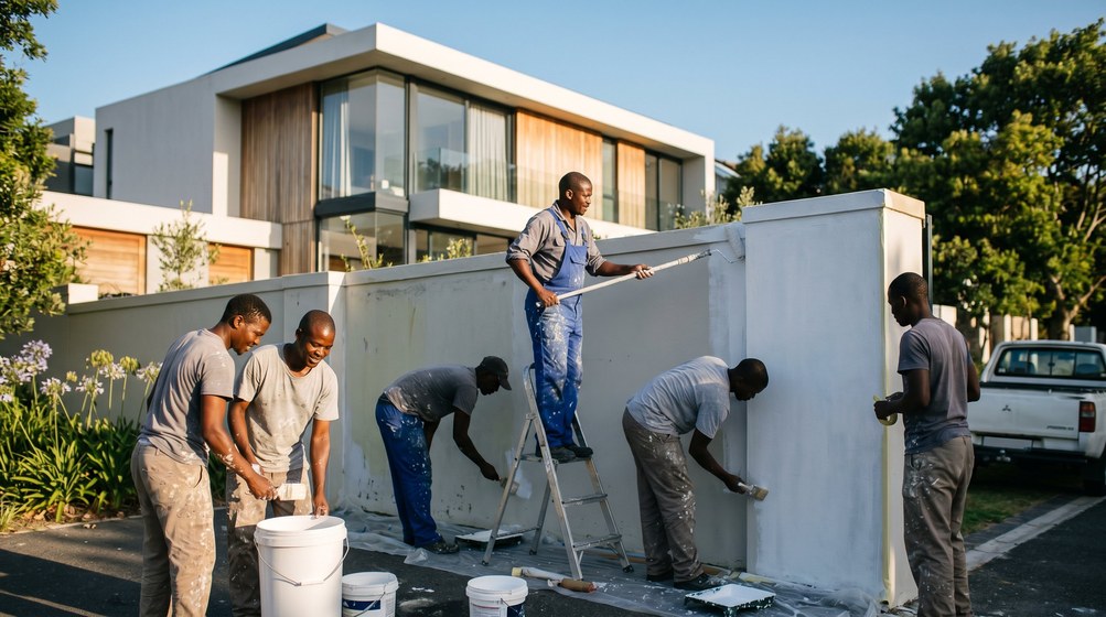 Professional team painting a boundary wall at a modern home in Camps Bay