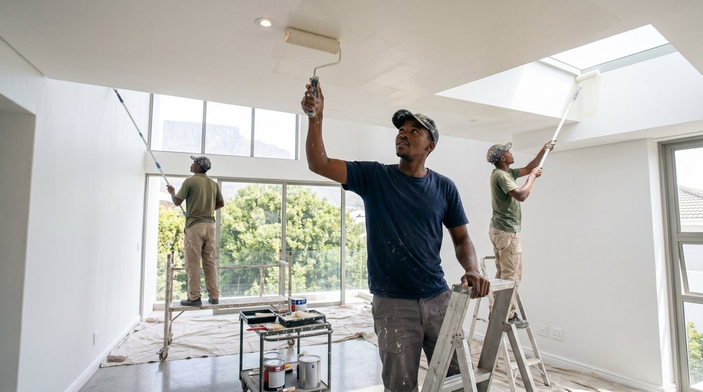 Professional ceiling painters rolling white paint onto a high ceiling in Camps Bay