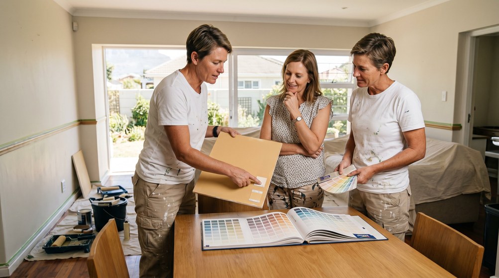 Professional colour consultant showing paint swatches to a homeowner in Camps Bay