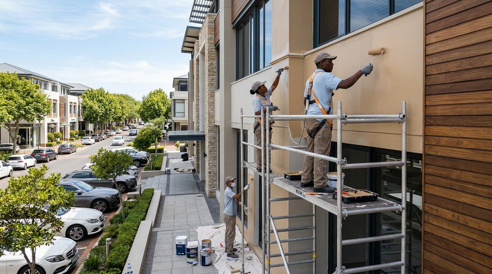Professional commercial painters on scaffolding painting a building in Camps Bay