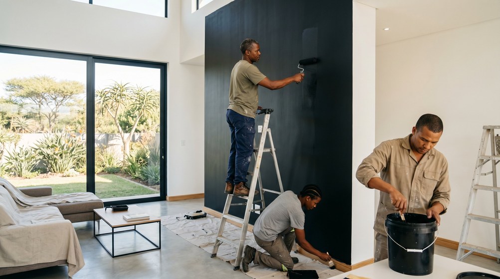 Professional painters creating a bold black feature wall in a modern Camps Bay home