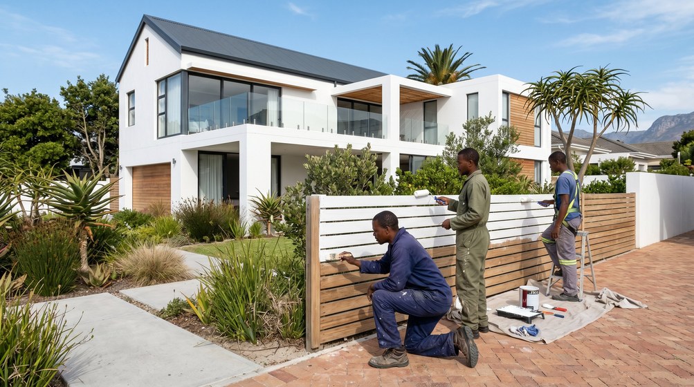 Professional fence painters painting a wooden fence at a Camps Bay home in Camps Bay