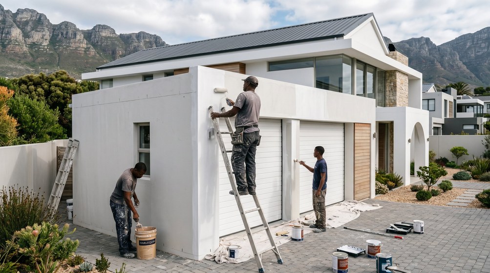 Professional painters painting a double garage exterior and garage doors in Camps Bay
