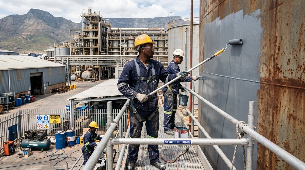 Professional industrial painters on scaffolding applying protective coating to steel tanks