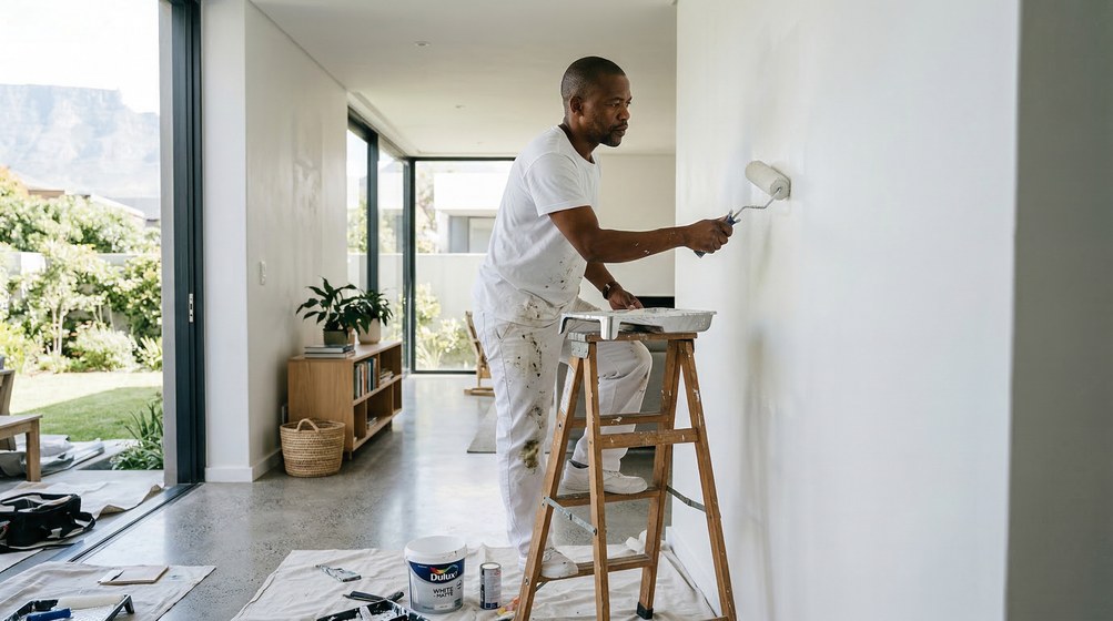 Professional interior painter in Camps Bay painting walls with a roller