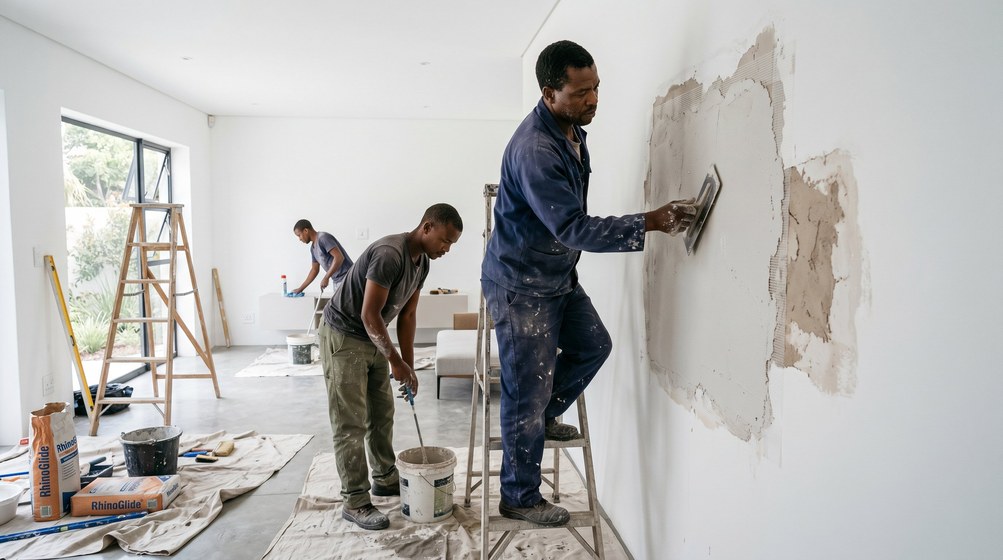 Professional plaster repair team skim coating damaged walls in Camps Bay