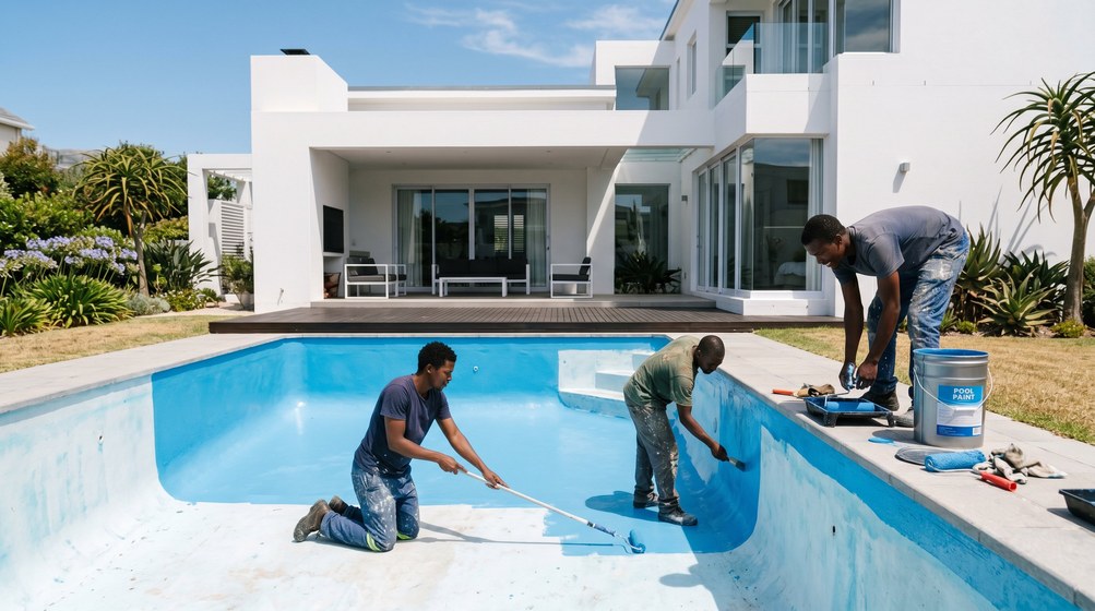 Professional pool painters applying blue pool paint to a swimming pool in Camps Bay