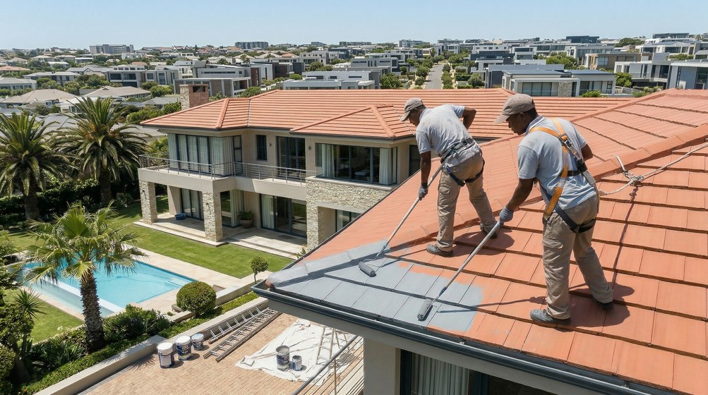 Professional roof painters applying waterproof coating to tiled roof in Camps Bay