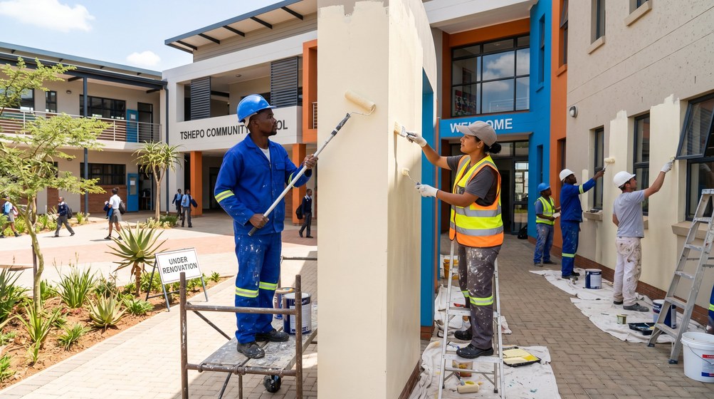 Professional school painting team painting a community school in Camps Bay