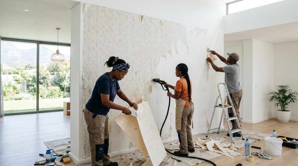 Professional wallpaper removal team stripping old wallpaper in a Camps Bay home