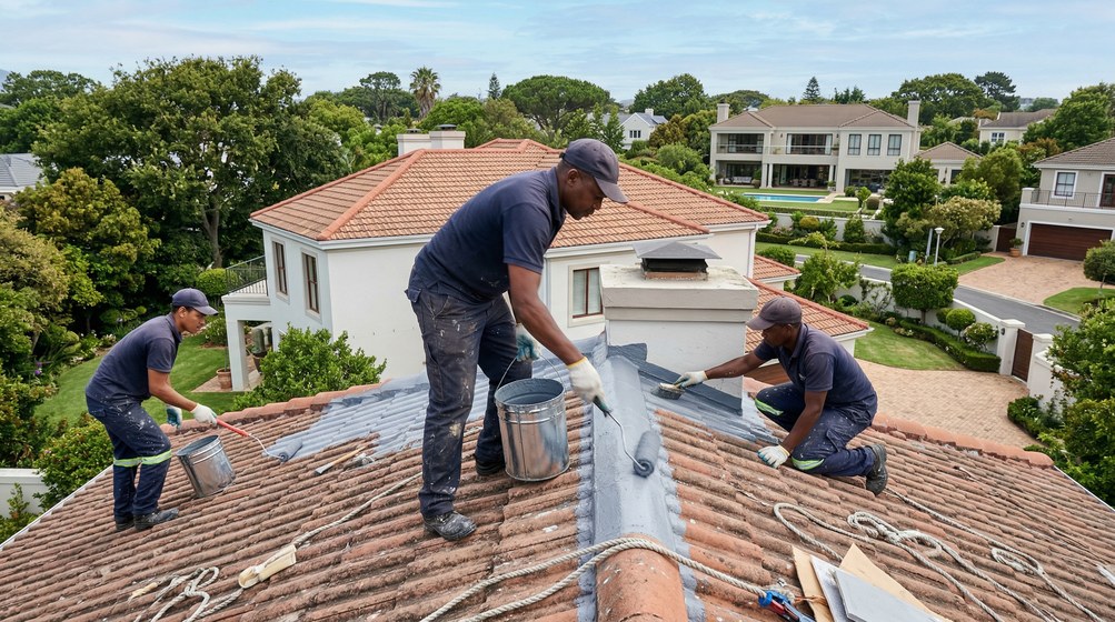 Professional waterproofing team applying membrane to roof in Camps Bay