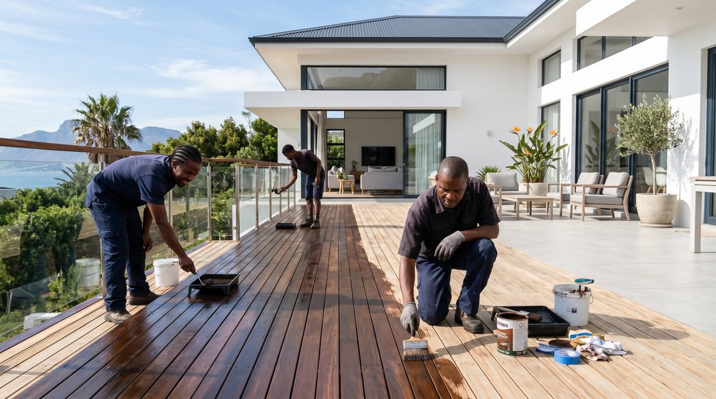 Professional wood staining team applying deck stain overlooking the mountain in Camps Bay